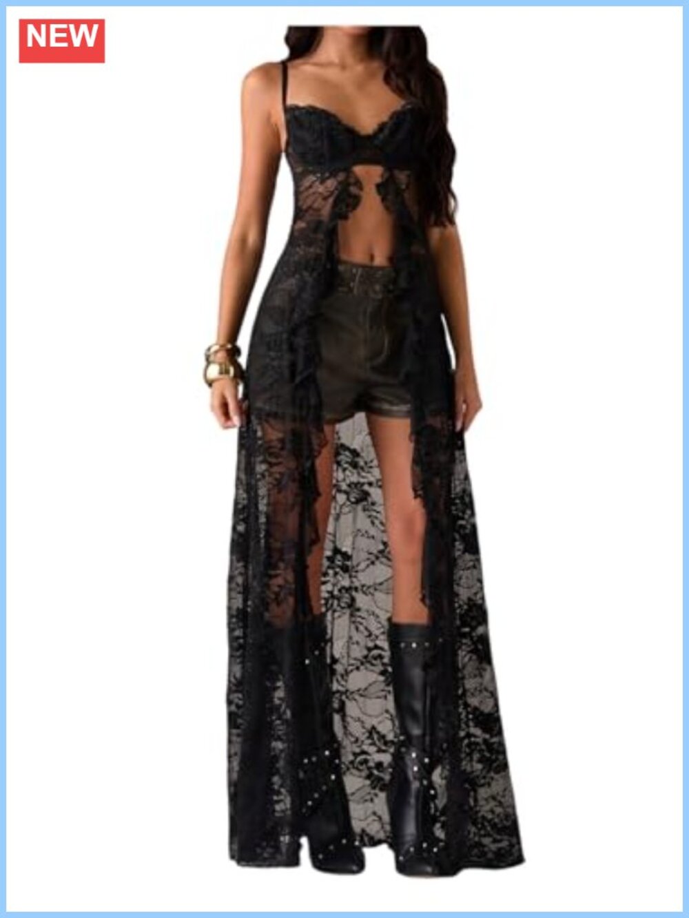 WDIRARA Long Lace Top Flowy Ruffle Maxi Tops Spaghetti Strap